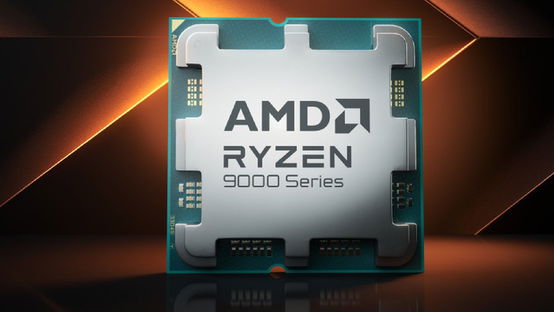 A close up of an AMD 9000 Series processor (CPU) in front of an orange and black background