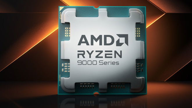 A close up of an AMD 9000 Series processor (CPU) in front of an orange and black background