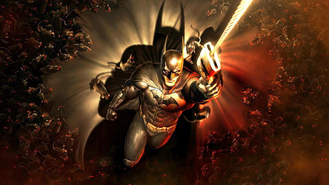 Batman looking up at the camera and escaping a horde of rats by shooting his grapple up into the air