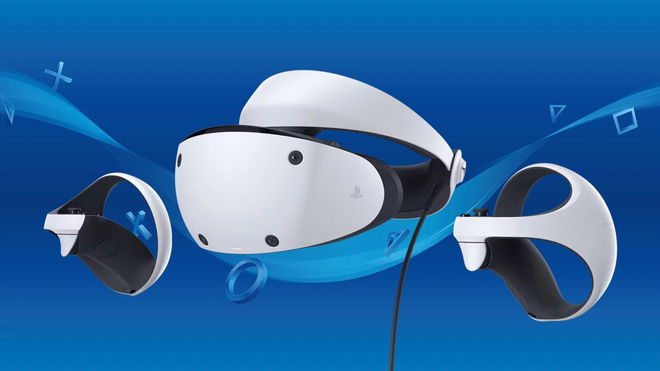 A white PSVR 2 headset next to the controllers in front of a PlayStation blue background