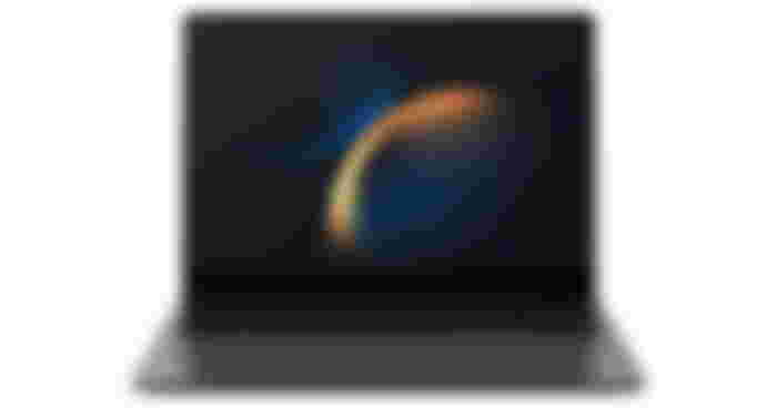 Samsung Galaxy Book 3 Ultra product image of a dark grey and black laptop with blue and orange circles on the display.