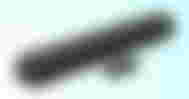 A black, rectangular soundbar with a remote in front of it in front of a white and light blue gradient background.