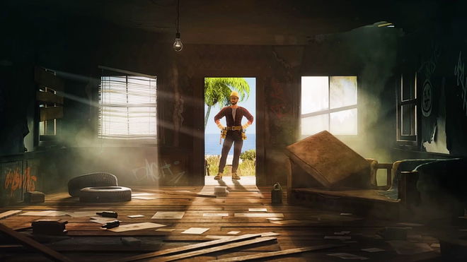 House Flipper 2 - man in a hard hat stands in the doorway of an abandoned house
