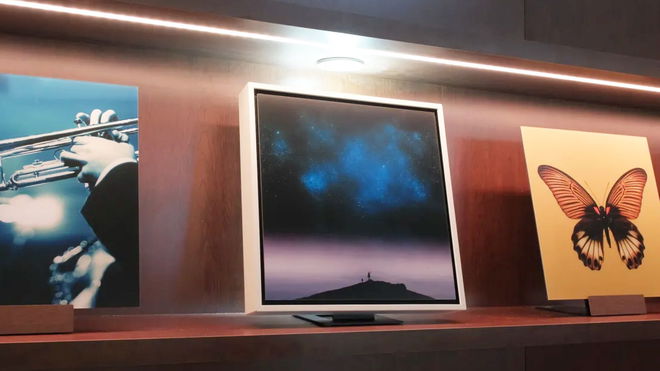 Samsung Music Frame resting against a wall 