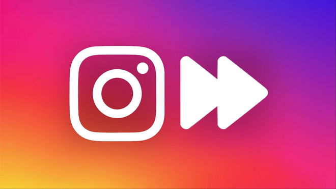 Instagram logo alongside a fast forward icon on a colourful gradient background