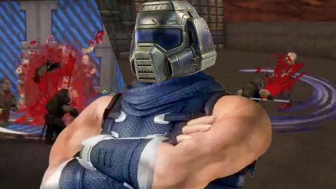 Ryu from Ninja Gaiden wearing a classic Doom helmet on top of screenshots of Doom Gaiden mod 