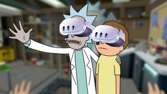 Rick and Morty standing in a blurred garage wearing Meta Quest 3 VR headsets
