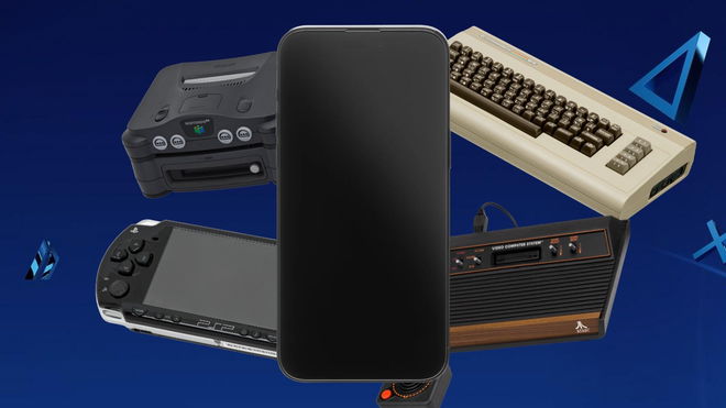 iPhone 15 Pro Max in front of a PSP, N64, C64, and Atari 2600