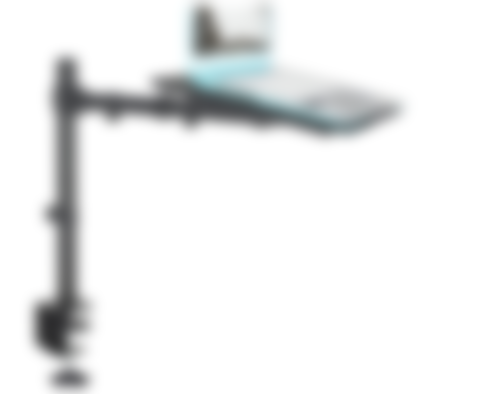 VIVO Single Desk Mount Stand product image of a black desk-mountable stand with a white laptop connected to the top.