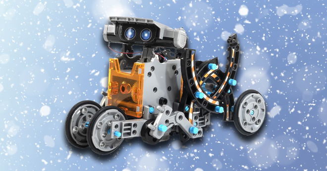 A gray, orange, and black WALL-E-like robot in front of a snowy blue background.