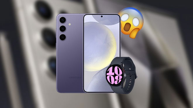 Samsung Galaxy S24 next to a Galaxy Watch6 and in front of a gasping emoji