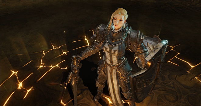 A warrior standing with sword and shield in hand