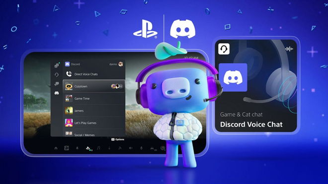 PS5 Discord integration with a cute, blue mascot wearing a headset and a PlayStation jacket. The background shows the Discord interface on the PS5 screen, highlighting direct voice chats and the Discord Voice Chat feature. - Discord Error Code 27001