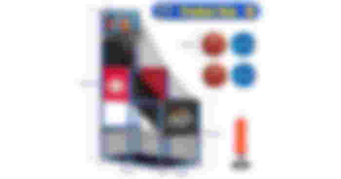 A blue, black, and red towered basketball hoop with a selection of basketballs and a pump next to it.