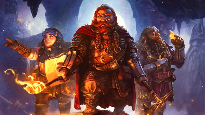 Three dwarves surveying a cave in lord of the rings return to moria