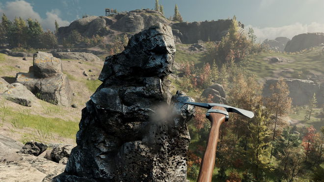 Nightingale player using pickaxe on rock