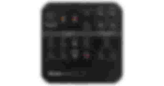 A black audio mixer featuring orange and red lights on some of the dials.