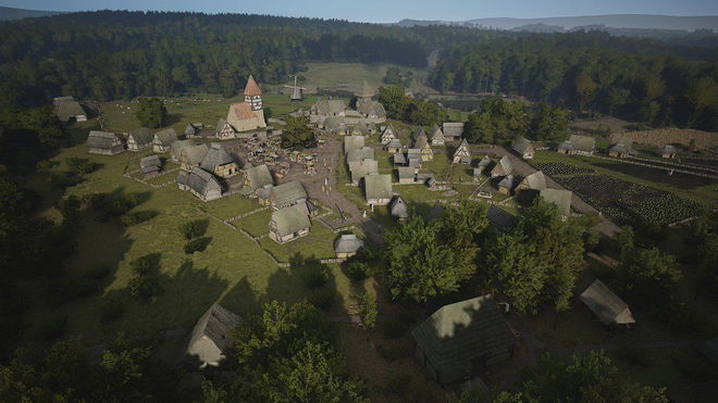 Manor Lord small town sorrounded with lush vegetation