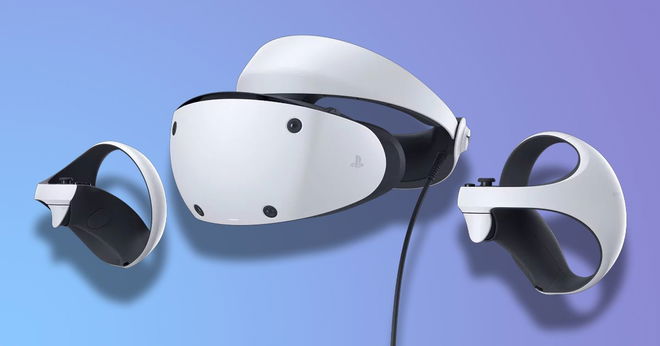 A white and black PlayStation VR headset and controllers in front of a blue and purple gradient background.
