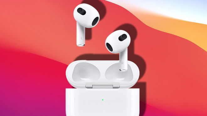 A pair of white Airpods sitting on top of a charging case on a red background,