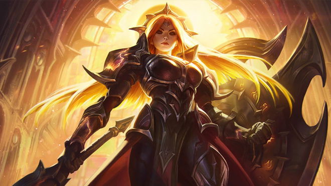 Leona from League of Legends, depicted in radiant armor with a shield and spear, standing in a majestic pose with sunlight illuminating her from behind. She is used to fix the LoL Surprise for Seraphine 2 not working issue. 