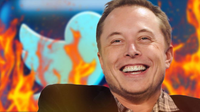 elon-musk-twitter-bankruptcy Twitter CEO Elon Musk on top of a flaming twitter logo