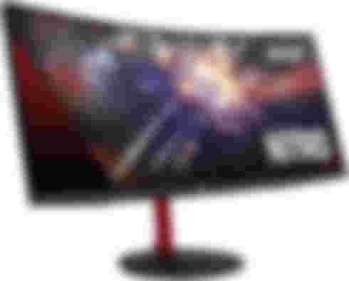 Acer Nitro XZ342CK product image of a black and red wide monitor with Acer Nitro branding in front of a space scene on the display.
