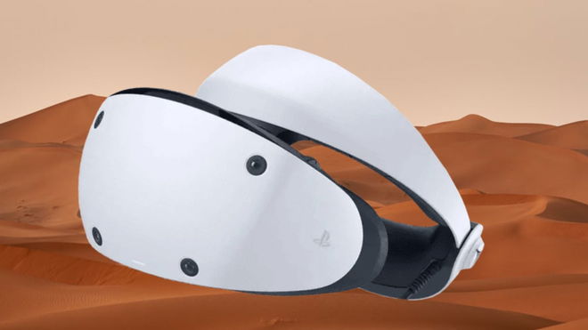 a white PSVR 2virtual reality headset is sitting on top of a desert .