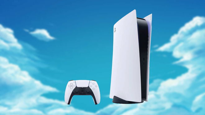 An image of PS5 console and controller with clouds in the background