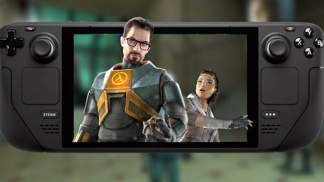 Steam Deck with Gordon Freeman and Alyx popping out of the screen