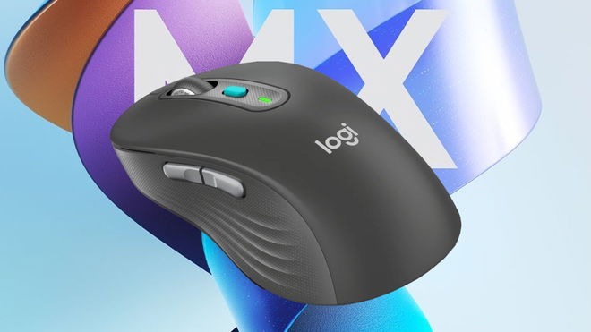 Logitech Signature AI Edition M750 mouse in front of an Logitech MX wallpaper