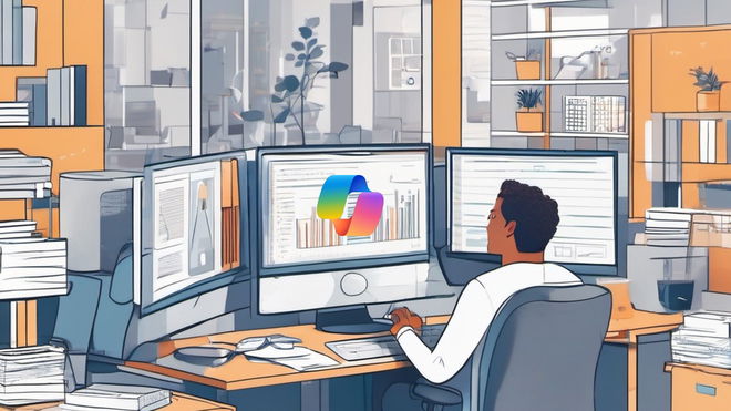 Art of a worker sitting a desk in an office with Copilot logo on monitor