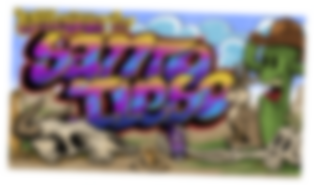 A cartoon postcard image of a cactus with a hat on, a rabbit, some gophers, a horned cow skull, and a human skull with an arm holding a can of drink, and graffiti text saying welcome to Santo Ileso - Saints Row unable to start game