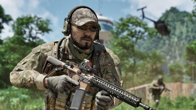Solider in Gray Zone Warfare holding an assault rifle and wearing sunglasses