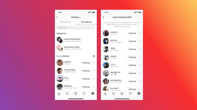 hide list - An image of the Instagram Following and Followers list 