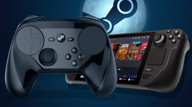A Steam deck and steam controller on a moonlit background