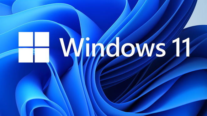 windows 11 text and logo with blue background