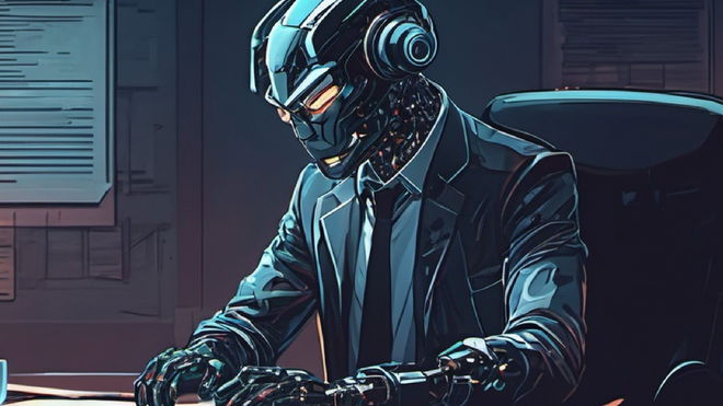 A robot man in a suit typing on a computer in a dimly lit office