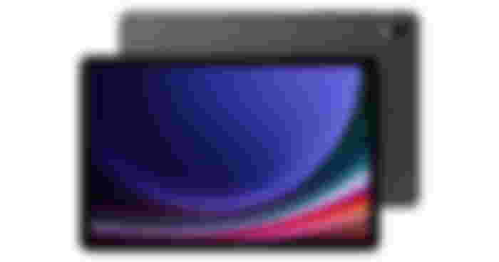 Samsung Galaxy Tab S9 product image of a black and dark grey tablet featuring a purple, green, and red pattern on the display.