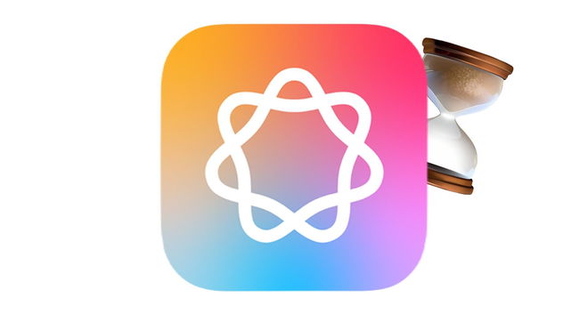 A colorful app icon for Apple Intelligence with a sandglass timer next to it, filled up at the top with sand
