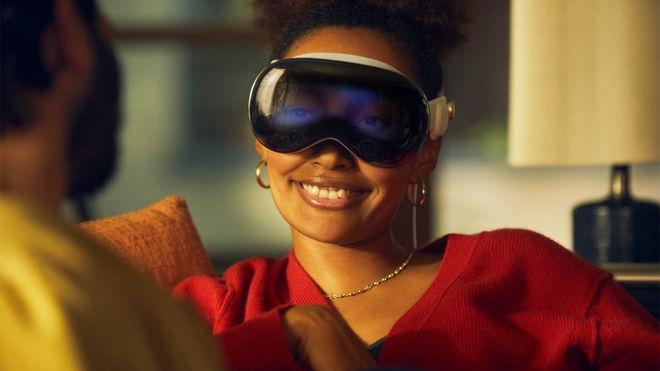 Apple Vision Pro battery life - An image of a lady wearing the Vision Pro headset