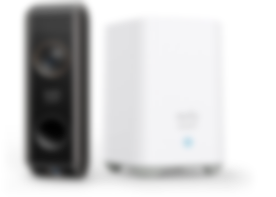 Eufy S330 product image of a black doorbell camera next to a white speaker.