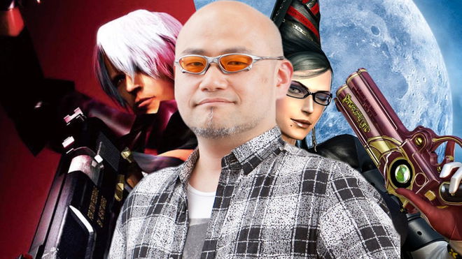 Hideki Kamiya, PlatinumGames founder, on a background of Dante from Devil May Cry and Bayonetta 