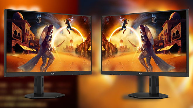 The new AOC 24G4X and 27G4X monitors side-by-side in front of a blurred press image