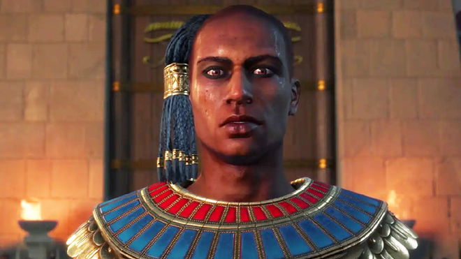 Total War Pharaoh man in Egyptian armour looking at the camera in fear