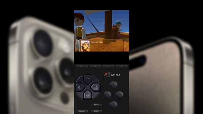 Gamma PS1 emulator on iPhone in front of an Apple press image of iPhone 15 Pro Max