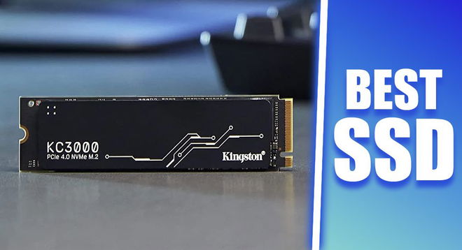 A black SSD stick featuring white branding on one side of a white line. On the other "BEST SSD" text in white with a blue glow around it.