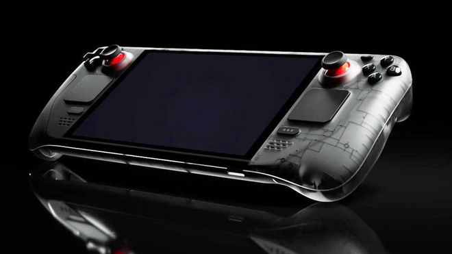 Steam Deck OLED limited edition translucent device on a black background