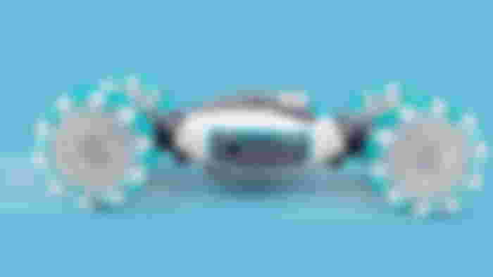 A white and light gray RC car featuring light blue details around the wheels.