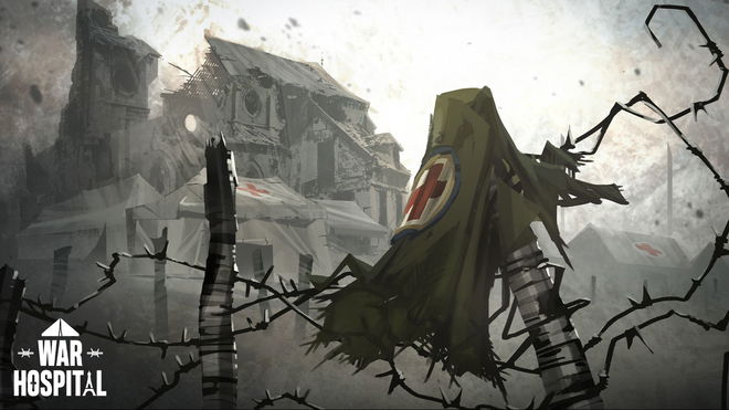 war hospital promo art with torn medic jacket on barbed wire in front of hospital
